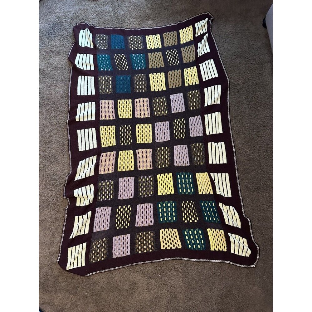 VTG Hand Knitted Throw Blanket 84x53 Granny Chunky Square Brown Multicolor